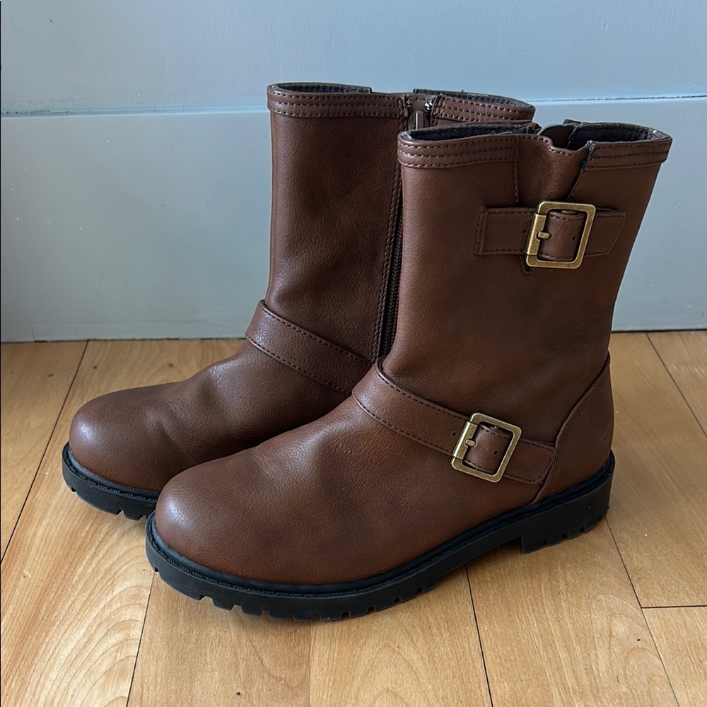 Brown Faux Leather Buckle Boots
